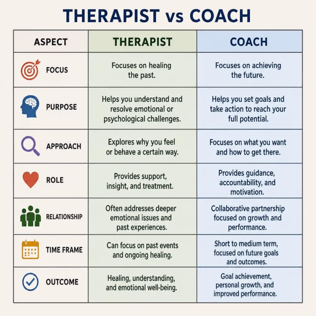 Therapist vs Coach comparison chart showing differences in focus, purpose, approach, role, relationship, time frame, and outcome