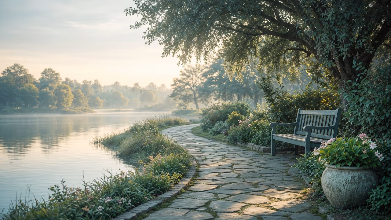Peaceful outdoor path and garden in soft morning light, representing choosing between therapy and coaching