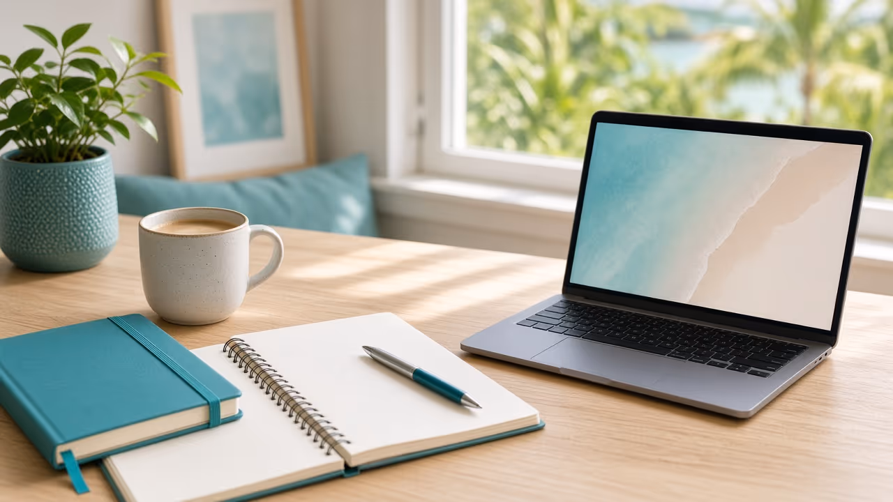 Desk with planner and laptop by a sunny window, representing goal-focused life coaching and accountability