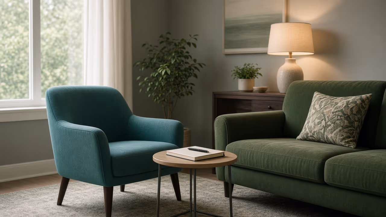 Quiet therapy office with soft light, representing licensed mental health care and emotional healing