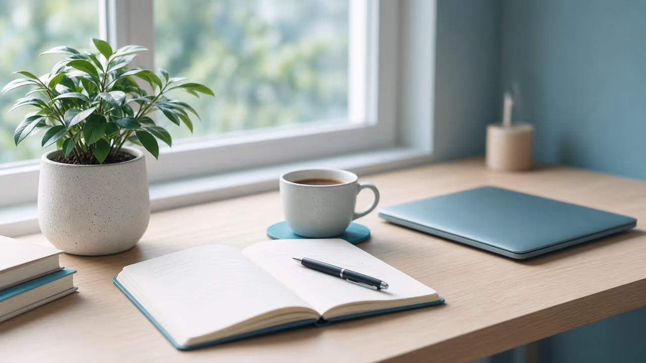 Desk with notebook and laptop by a bright window, representing career direction and purposeful planning