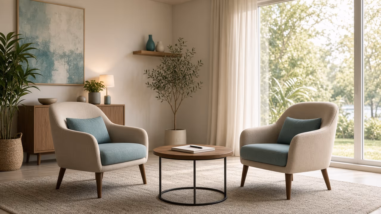 Calm coaching office with chairs and a notebook by a sunny window, representing life coaching for clarity and growth