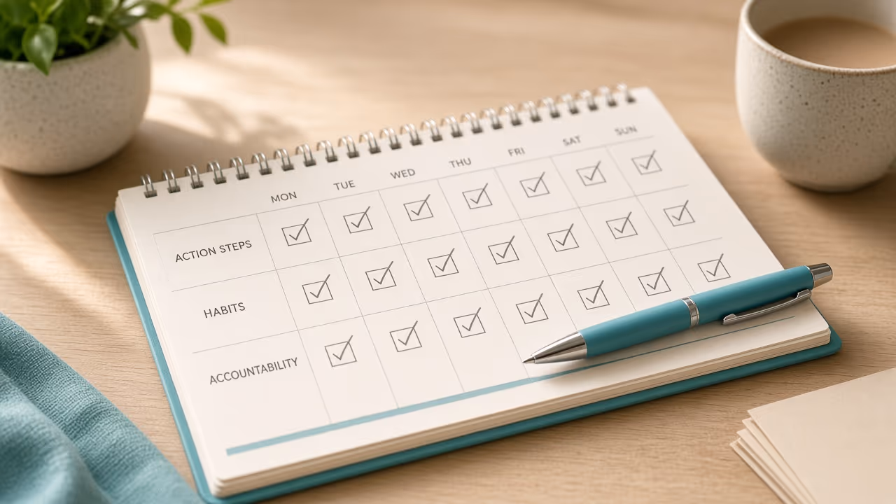 Weekly planner and pen in soft morning light, representing coaching action steps and follow-through