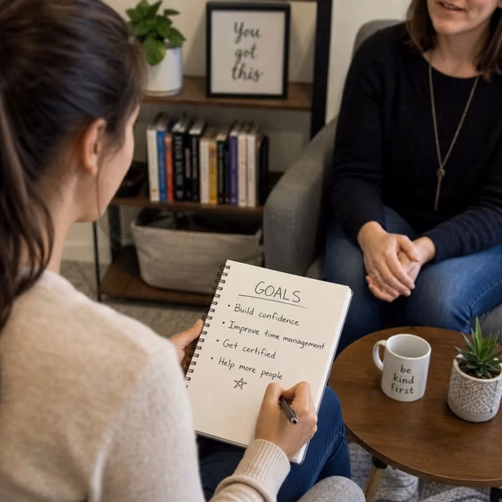 Life coaching session with a goals notebook, representing clear targets, plans, and accountability