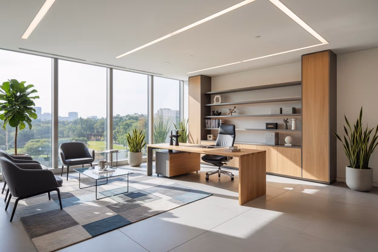 A bright modern office with a wooden desk and a view of the park
