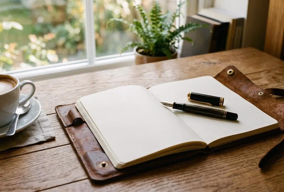 An open journal and fountain pen on a wooden desk by a window