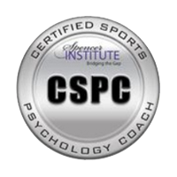 A round silver badge with the text “CERTIFIED SPORTS PSYCHOLOGY COACH” around the outer edge and “CSPC” in large black letters in the center. The top inner circle has "Spencer INSTITUTE Bridging the Gap" in smaller text.