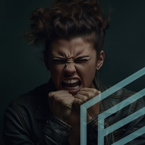 A woman with dark, curly hair is clenching her fists and screaming with a grimace on her face. She is wearing a dark jacket and earrings. The background is dark, and there is a transparent geometric pattern partially overlaying the right side of the image.