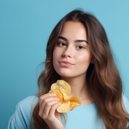 A young woman with long brown hair holds a potato chip close to her mouth. She is wearing a light blue shirt and standing against a turquoise background, looking at the camera with a slight smile.