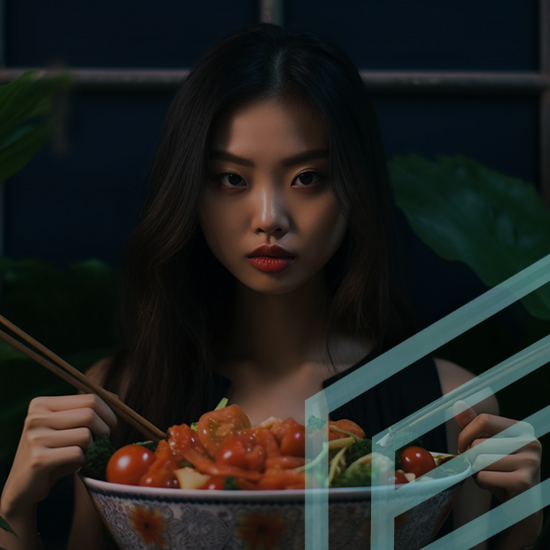 A woman with long dark hair holds a bowl of salad with chopsticks, gazing intently at the camera. The background is dark, with some green leaves visible, adding a natural element to the setting. The image has a modern and slightly dramatic ambiance.