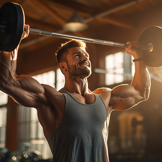 A muscular man in a gray tank top performs an overhead barbell press in a gym. He is lifting the barbell above his shoulders, and the gym is illuminated by natural light from large windows in the background. He appears focused and determined.