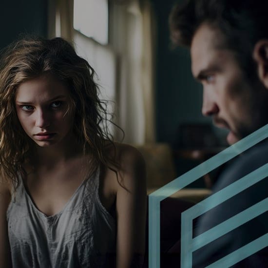 A young woman with tousled hair and a serious expression stands against a dimly lit background, wearing a grey tank top. A man's blurred profile is visible in the foreground. The scene appears tense and dramatic.