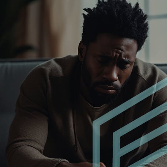 A man with short curly hair and a beard is sitting on a couch, looking down with a serious expression. He is wearing a dark sweater. The background is blurred, and diagonal lines in a light blue color overlay parts of the image.