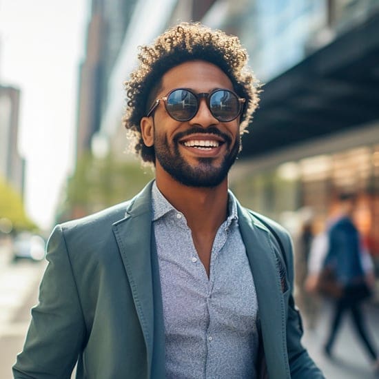 A man with curly hair and a beard smiles while wearing sunglasses, a light-colored shirt, and a blazer. He is walking down a sunny city street with buildings and people in the background.