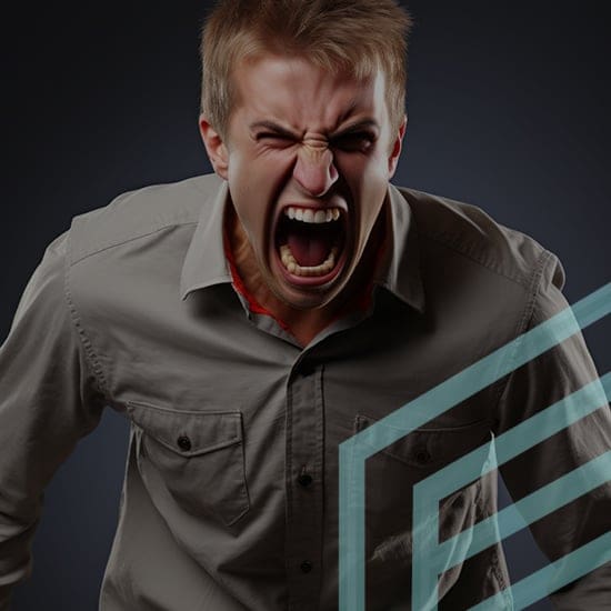 A young man with short, light brown hair is wearing a brown button-down shirt and is screaming with his mouth wide open and eyes closed. The background is dark, and there are abstract, light blue geometric shapes faintly overlaying the image.