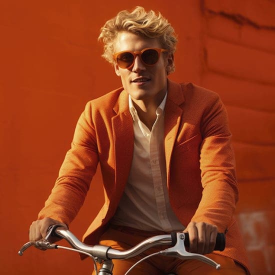 A person with wavy blonde hair rides a bicycle while wearing an orange suit jacket, white shirt, and orange pants. They have orange sunglasses and are in front of an orange background.