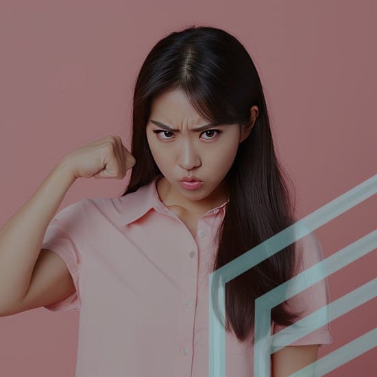 A young woman with long dark hair and wearing a light pink shirt stands against a pink background. She has a serious facial expression and is holding up her right arm, making a fist to show strength. There are transparent angular shapes overlaying the image.