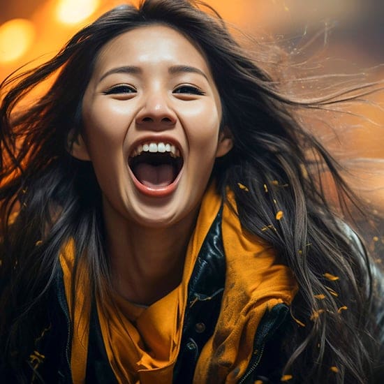 A young woman with long dark hair is joyfully shouting with her mouth wide open. She is wearing a yellow scarf and a black jacket, and her hair is blowing in the wind. The background is blurred, featuring warm, glowing lights.