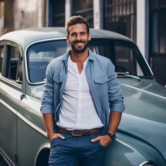 A man with a beard and mustache, dressed in a light blue jacket over a white shirt and blue pants, stands smiling with his hands in his pockets in front of a vintage green car on a city street. The background shows building facades.