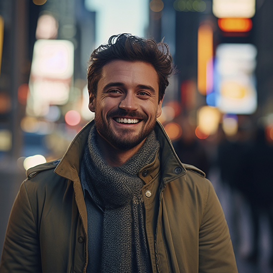 A man with a beard and mustache smiles at the camera in an urban evening setting. He is wearing a coat and scarf, with blurred city lights and billboards in the background.