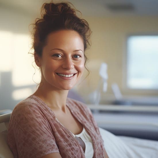 A woman with curly hair tied up in a bun is sitting on a bed, smiling warmly at the camera. She is wearing a light pink cardigan over a white top. The room is softly lit with sunlight coming through a window in the background.