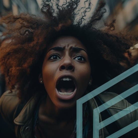 A person with curly hair is shown from a low angle, looking distressed, with their mouth open as if yelling or shouting. The background is blurred, suggesting they are in motion or in an intense situation. The image conveys a strong emotional reaction.