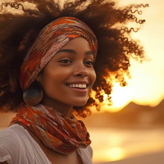 A woman with a vibrant, curly afro smiles warmly at the camera. She is wearing a colorful head wrap and matching scarf with earthy tones. The background features a serene sunset on a beach, casting a golden glow and softening the scene.