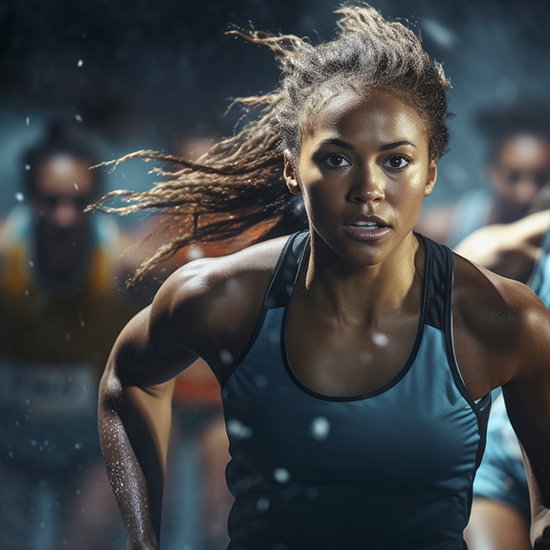 A focused woman with long braided hair runs intensely in the foreground of a race. She is wearing a dark athletic tank top. Other runners are visible but blurred in the background, highlighting the motion and competitive atmosphere.