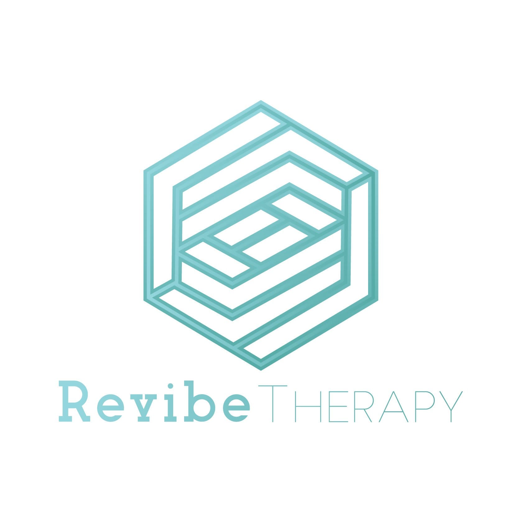 The image is a logo for "Revibe Therapy." It features a geometric, hexagonal design made up of turquoise lines, resembling a three-dimensional maze. Below the design, the words "Revibe Therapy" are written, with "Revibe" in a bold, rounded font and "THERAPY" in a slimmer font.