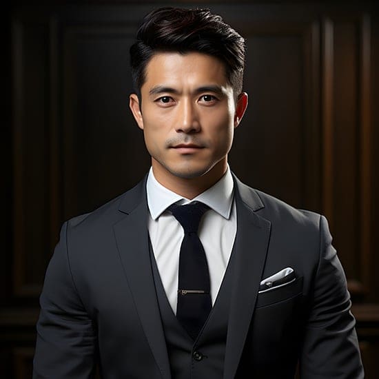 A confident man is dressed in a dark suit, white shirt, and dark tie with a tie clip. He has neatly styled dark hair and stands against a dark, wood-paneled background, looking directly at the camera with a serious expression.