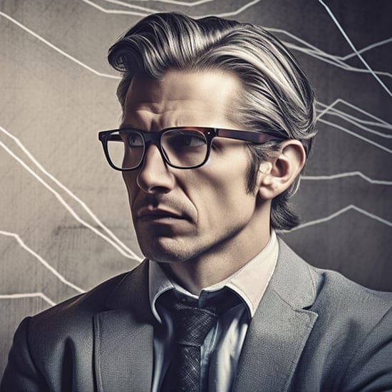 A serious-looking man with glasses and gray hair is wearing a suit and tie. He stands in front of a textured background with abstract white lines. The image has a professional, business-like atmosphere.