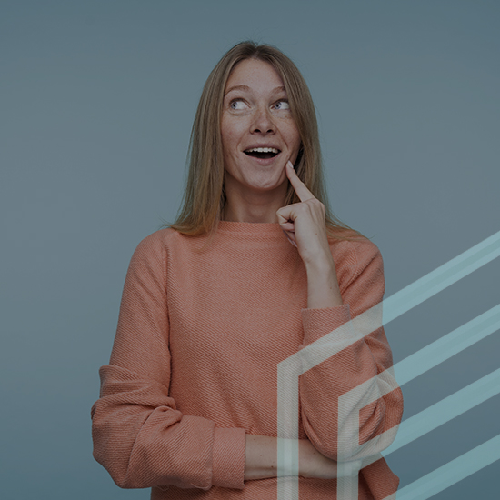 A woman with long blonde hair wearing an orange sweater is looking slightly upward with a thoughtful and cheerful expression. She has one hand crossed over her chest and the other touching her cheek. The background is blue with a semi-transparent geometric pattern.