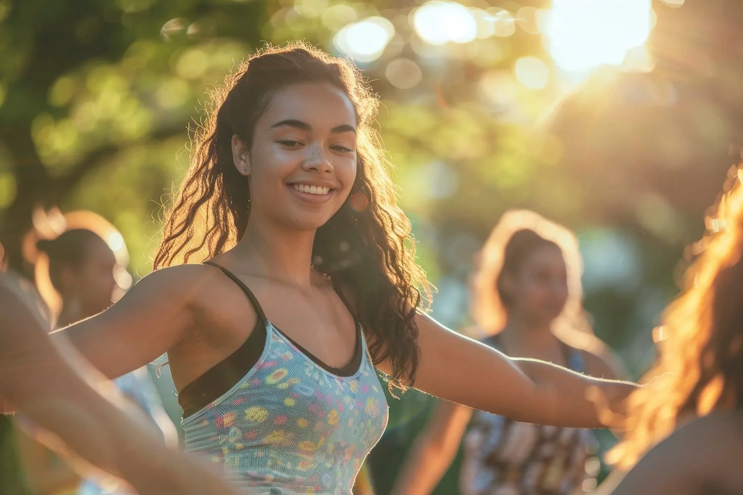 a person exercising outdoors with a happy and energetic background