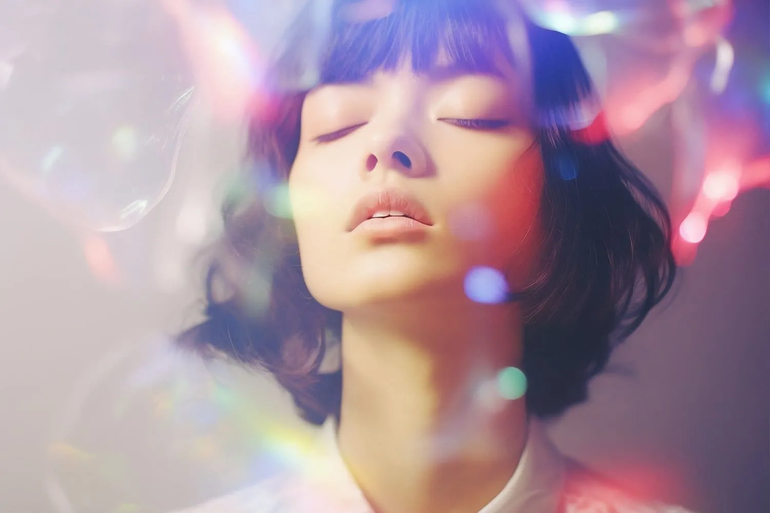 a person in a hypnotic state with a subtle glow around their head surrounded by calming colors and patterns