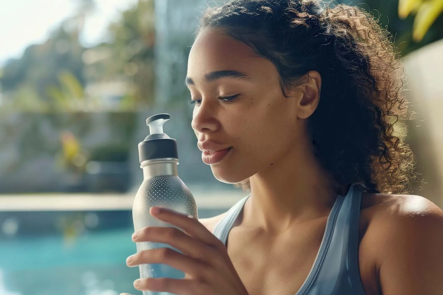 a person meditating surrounded by healthy snacks and a water bottle
