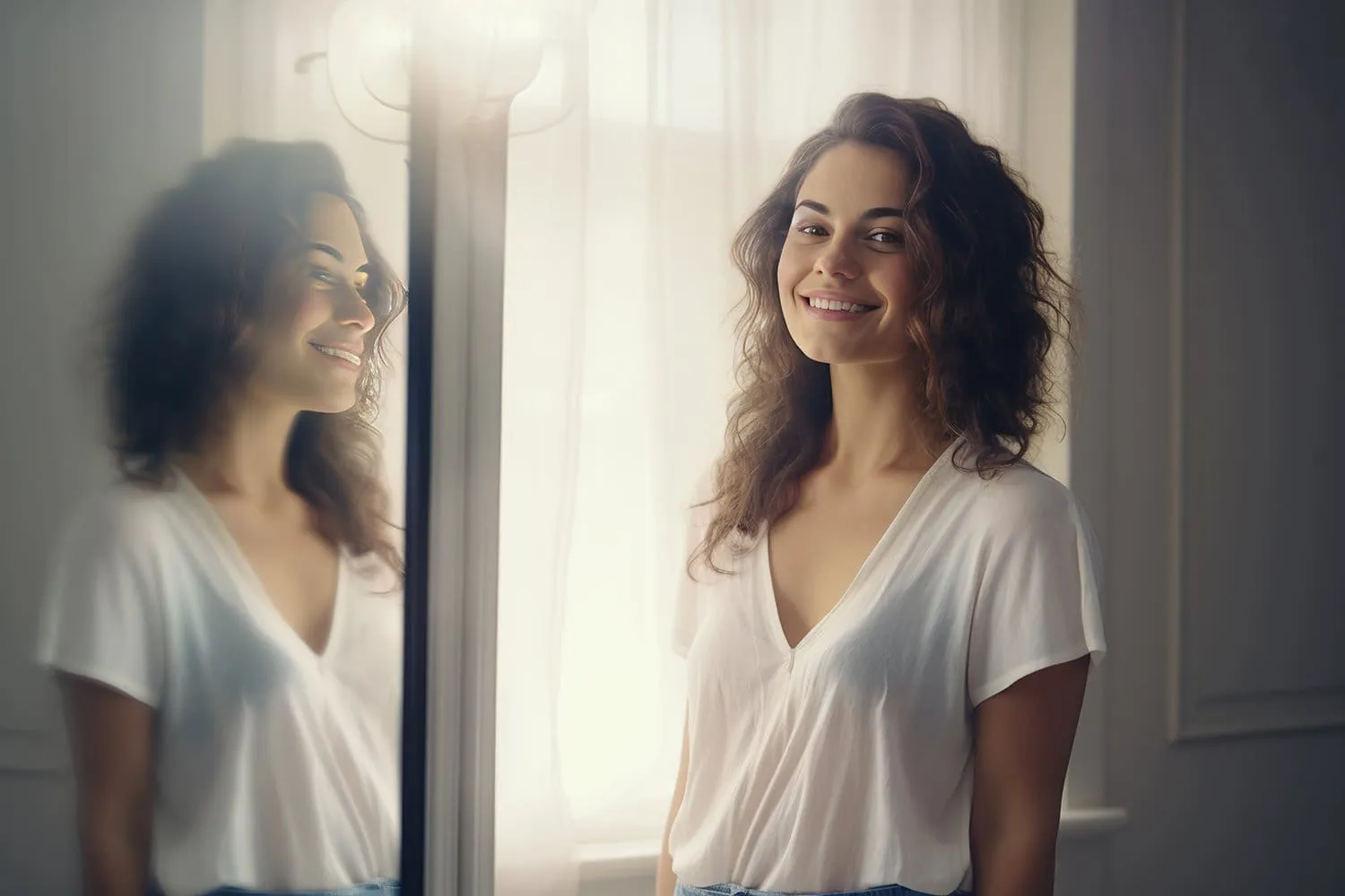 a person standing in front of a mirror smiling and confident with a subtle glow around their body