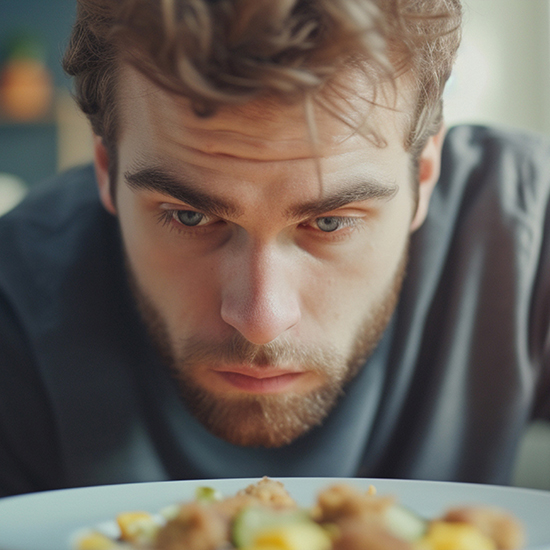 A man with a focused expression and wavy hair leans forward towards a plate of food, gazing intently at it. The out-of-focus background suggests an indoor setting. The meal on the plate is not fully visible but appears to be a mix of ingredients.