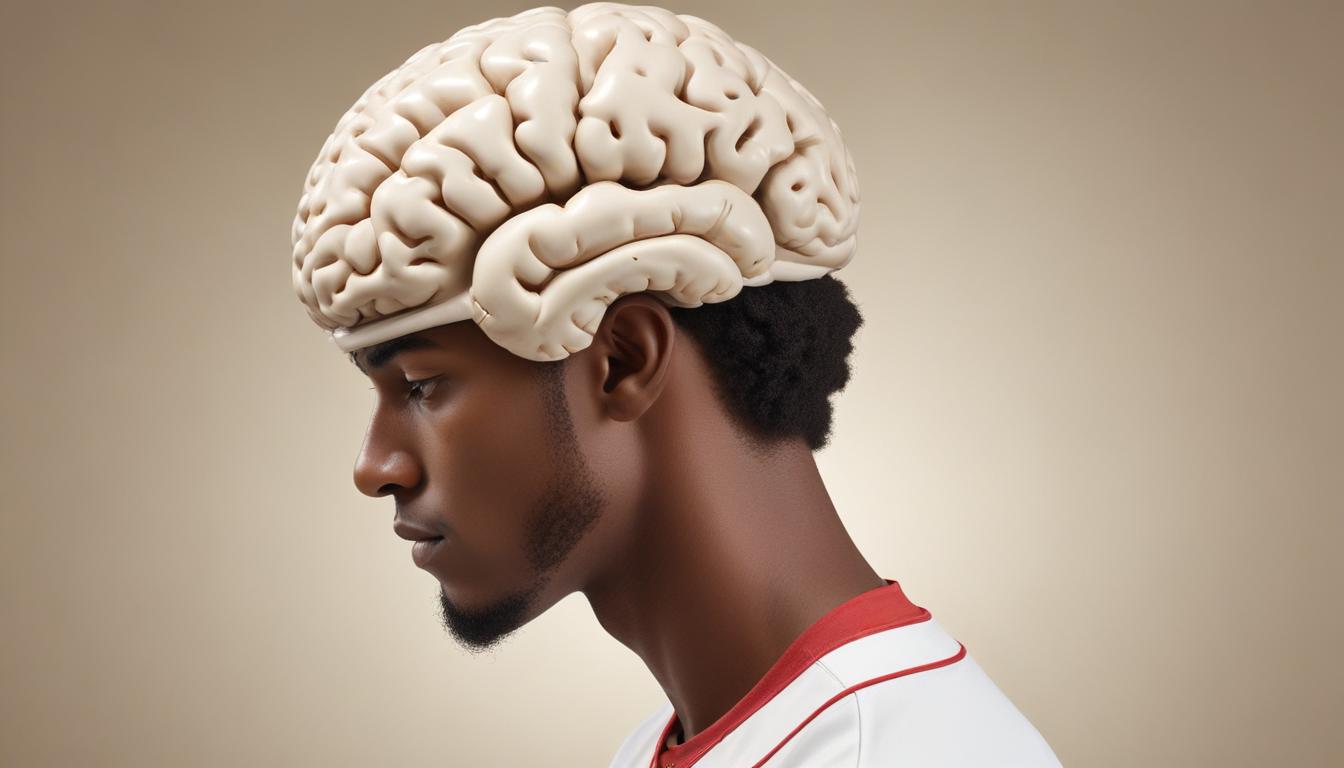 Side profile of a young man wearing a baseball jersey, shown with a realistic-looking model of a human brain positioned on top of his head, replacing his hair. The background is a neutral gradient, subtly hinting at the mental game crucial to peak baseball performance.