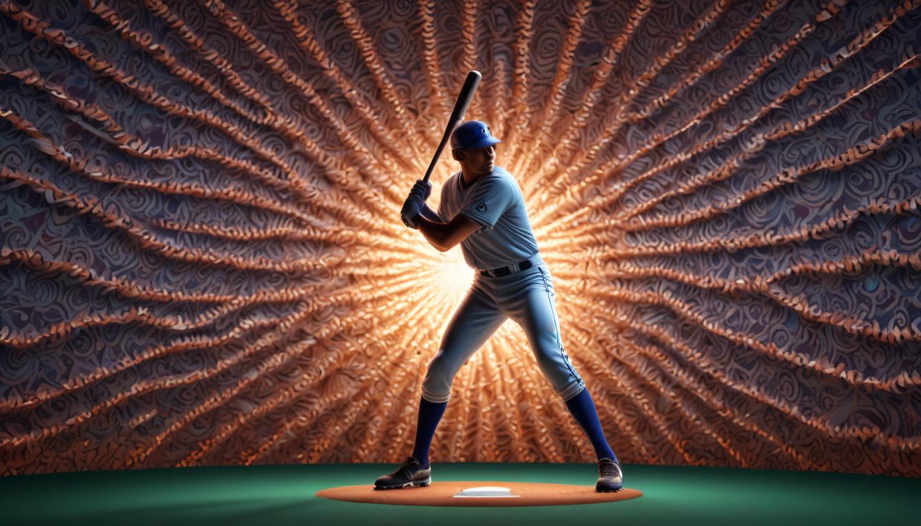 A baseball player, embodying peak performance, stands in a batting stance on a pitcher's mound. The background features a dramatic radial pattern with vibrant lighting that creates a dynamic halo effect behind the player, making him the focal point of the image.