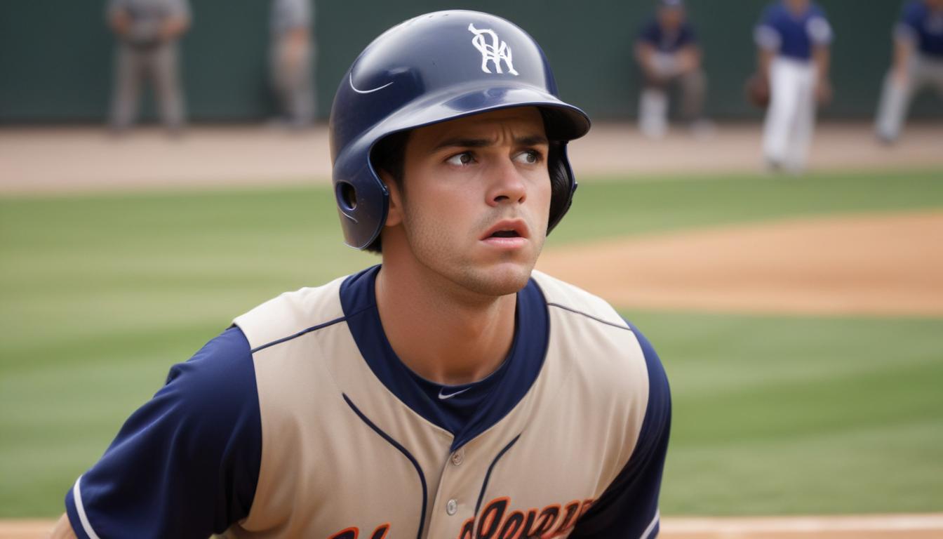 A baseball player wearing a navy blue helmet and a beige and blue uniform is intently focused on the mental game, looking upwards. He is on a baseball field, with the game in progress and other players visible in the background.