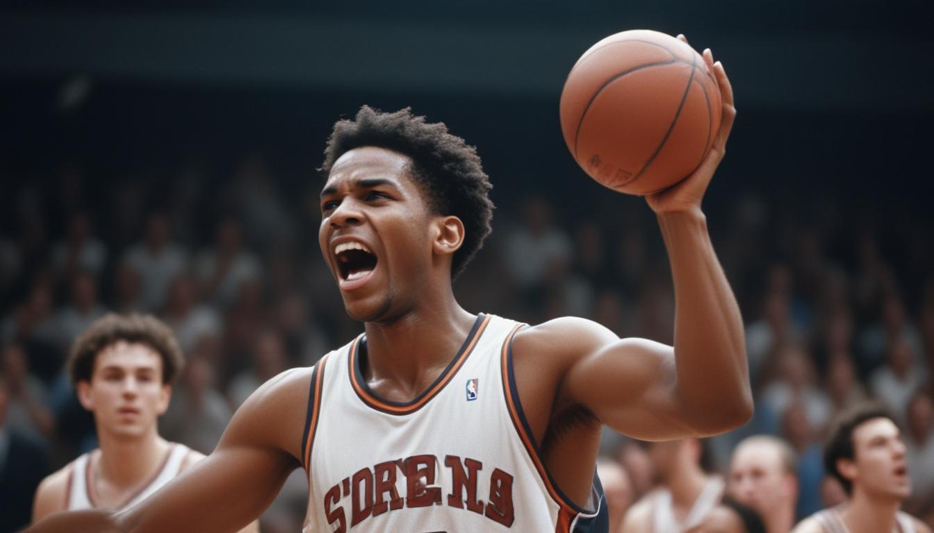 A basketball player in a white jersey with the word 'SORRENS' and the number 34 is enthusiastically raising one arm while holding a basketball on an indoor court, demonstrating his strong mental game. Blurred spectators can be seen in the background, adding to the lively atmosphere.