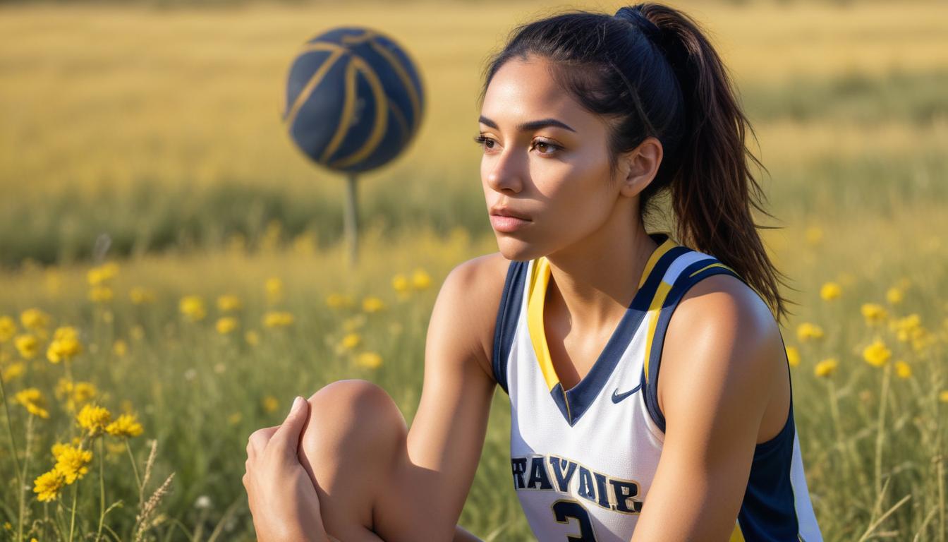 A young woman in a basketball jersey sits thoughtfully in a field of yellow flowers, her mind delving into the intricacies of the mental game. A basketball hovers in the background as the sun casts a warm glow over the scene, creating an atmosphere perfect for introspection.