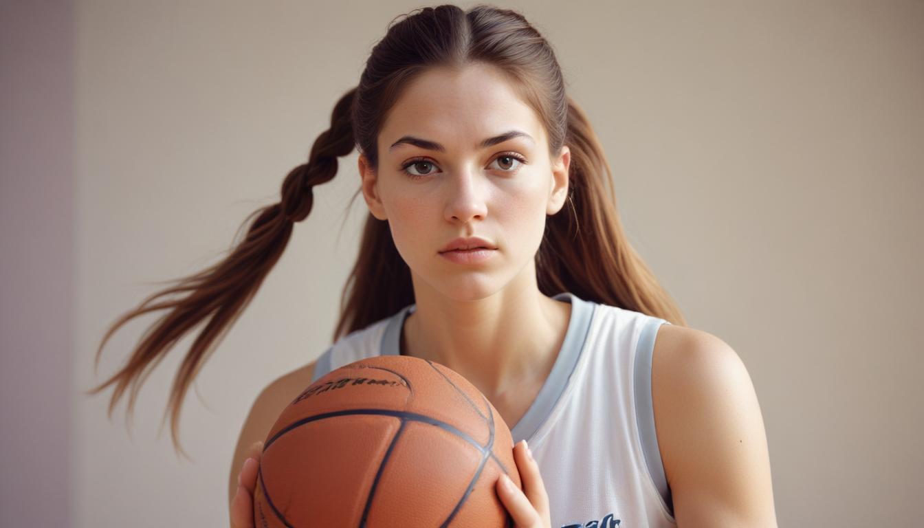 A young woman in a white basketball jersey holds a basketball close to her face with a focused expression, embodying court confidence. She has long brown hair styled in two braids and is standing against a neutral background.