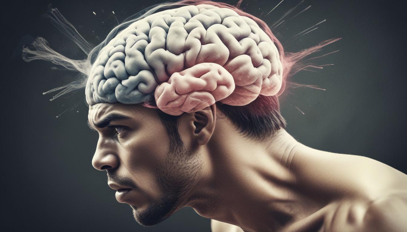 A digital illustration depicts a man in profile with his brain visible outside his head. The detailed rendering shows anatomical features, with vibrant colors and dynamic lighting creating a dramatic effect, emphasizing elements of thought and focus.