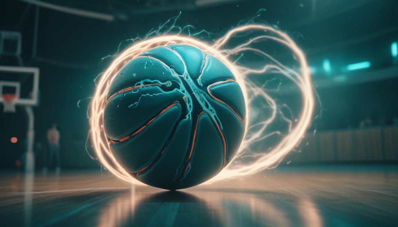 A basketball on a court with dynamic glowing lines swirling around it, suggesting motion or energy. The background shows a blurred basketball hoop and possibly players, creating a sense of action and excitement. Illuminated with a soft, ambient light, the scene radiates court confidence.