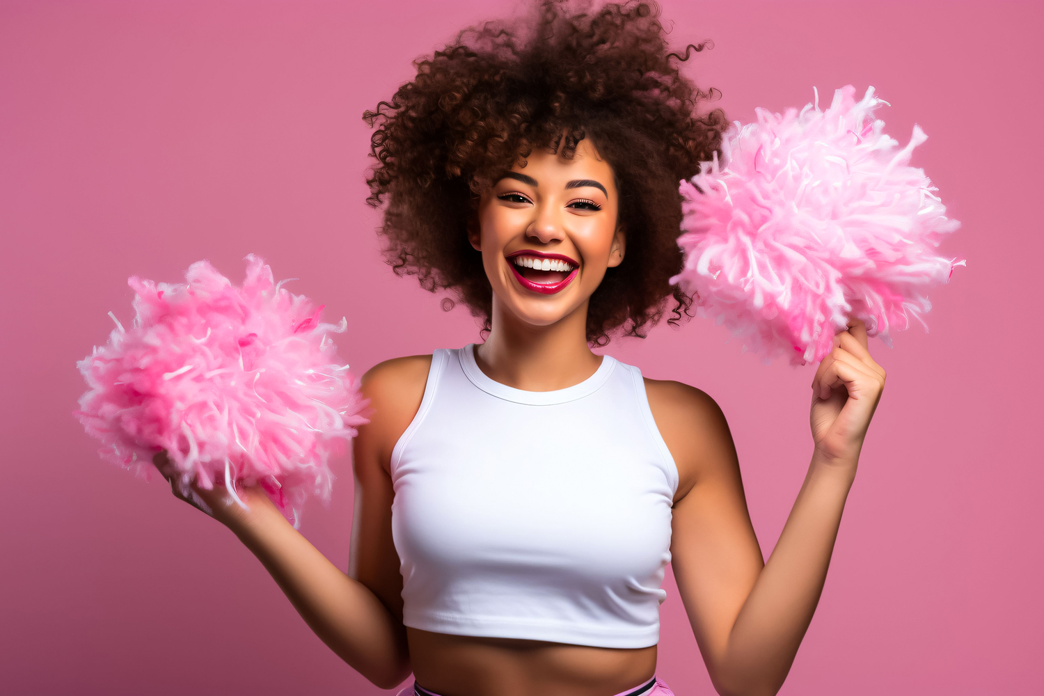 A young woman with curly hair smiles brightly while holding pink pom-poms against a pink background. She is wearing a white crop top and exudes the enthusiasm and joy of a cheerleading performance.