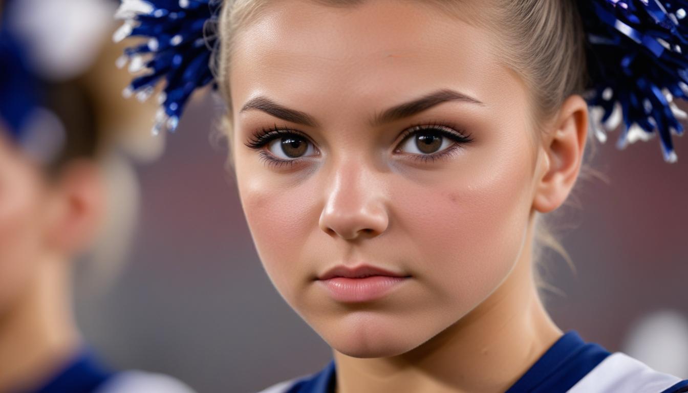 A close-up of a cheerleader with blue and white pom-poms in her hair, clad in a navy and white cheerleading uniform. Her intense, focused expression highlights the psychology of competition, with her light brown hair tied back. The blurred background suggests an outdoor sports event.