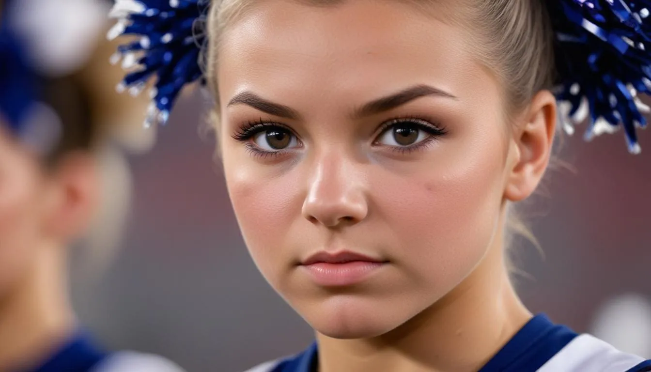 a close up of a cheerleaders face looking focused and determined