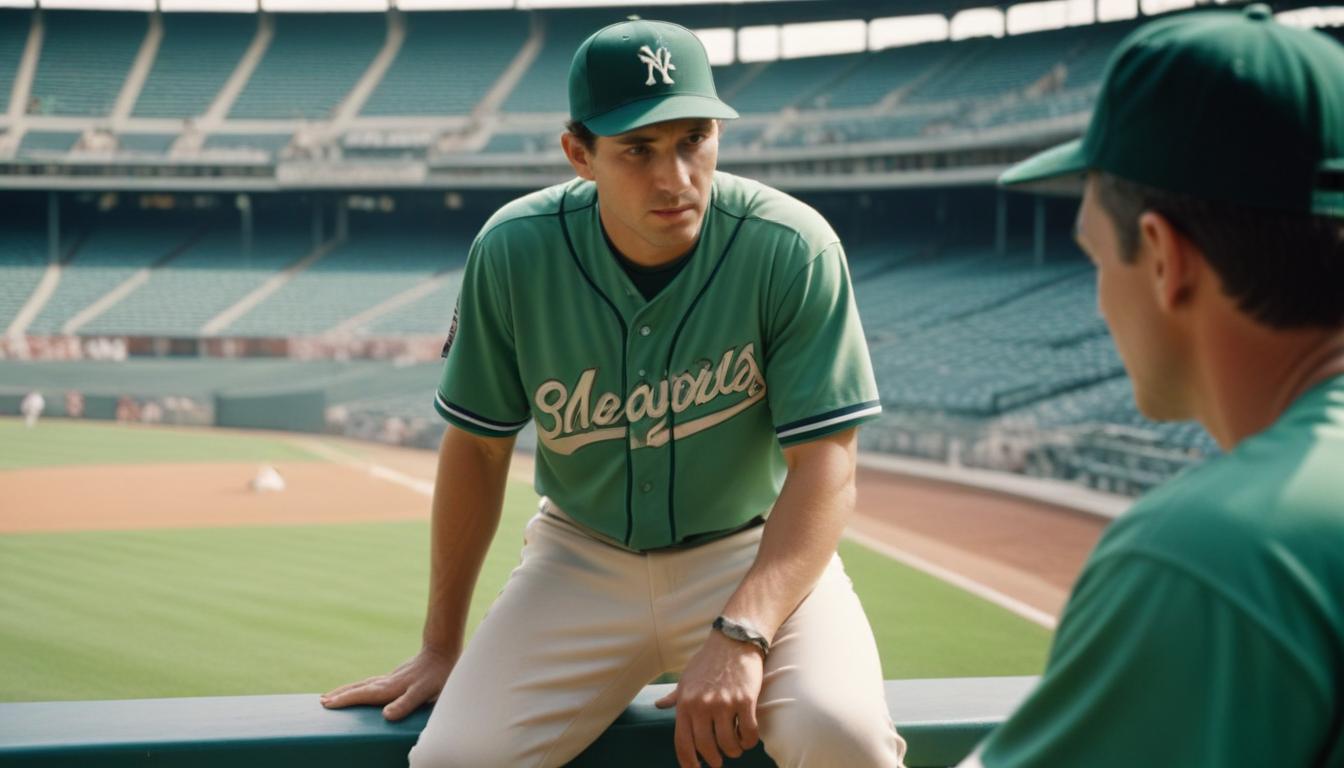 A baseball player wearing a green jersey with 'Sea Gulls' written on it, and a green cap with an 'N' logo, sits on a railing in a stadium. He is engaged in a conversation about peak performance with another player who is partially visible, both appearing focused and serious.