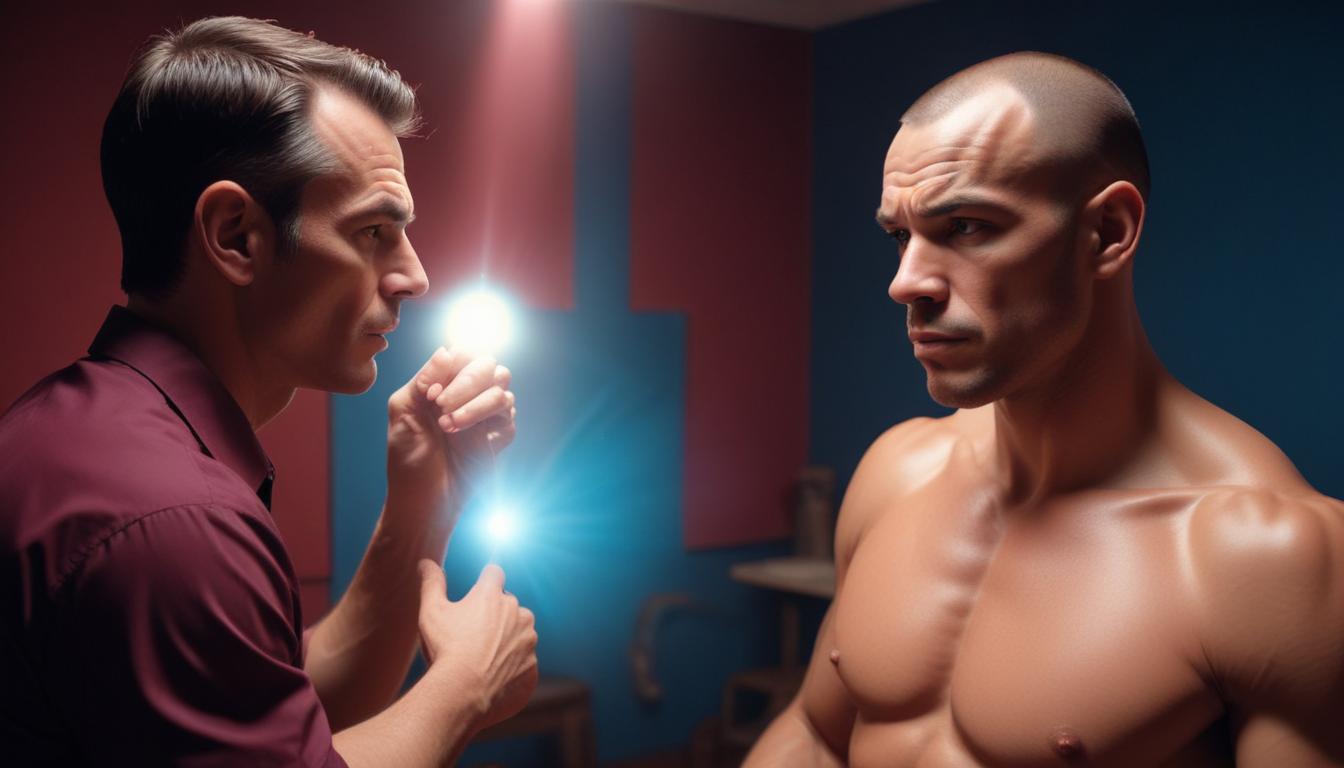 A person in a maroon shirt holds a flashlight and examines another with a muscular physique who is shirtless, evoking the intensity of boxing psychology. Both are in a room with a blue and red background. The man with the flashlight has a focused expression, while the other looks straight ahead.